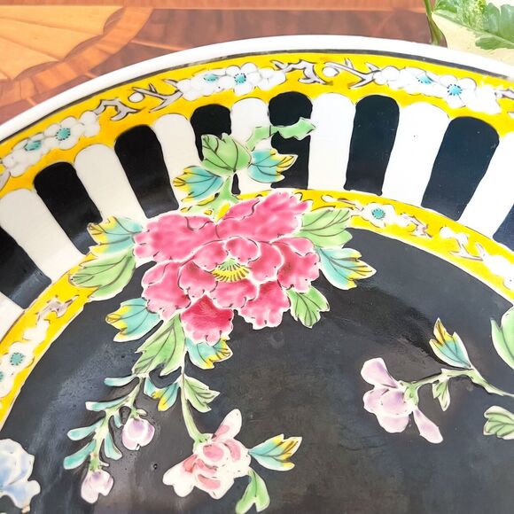 Vintage 10in Japanese Famille Noir Bowl Yamatoku Peony Black White Chinoiserie - Picture 5 of 9